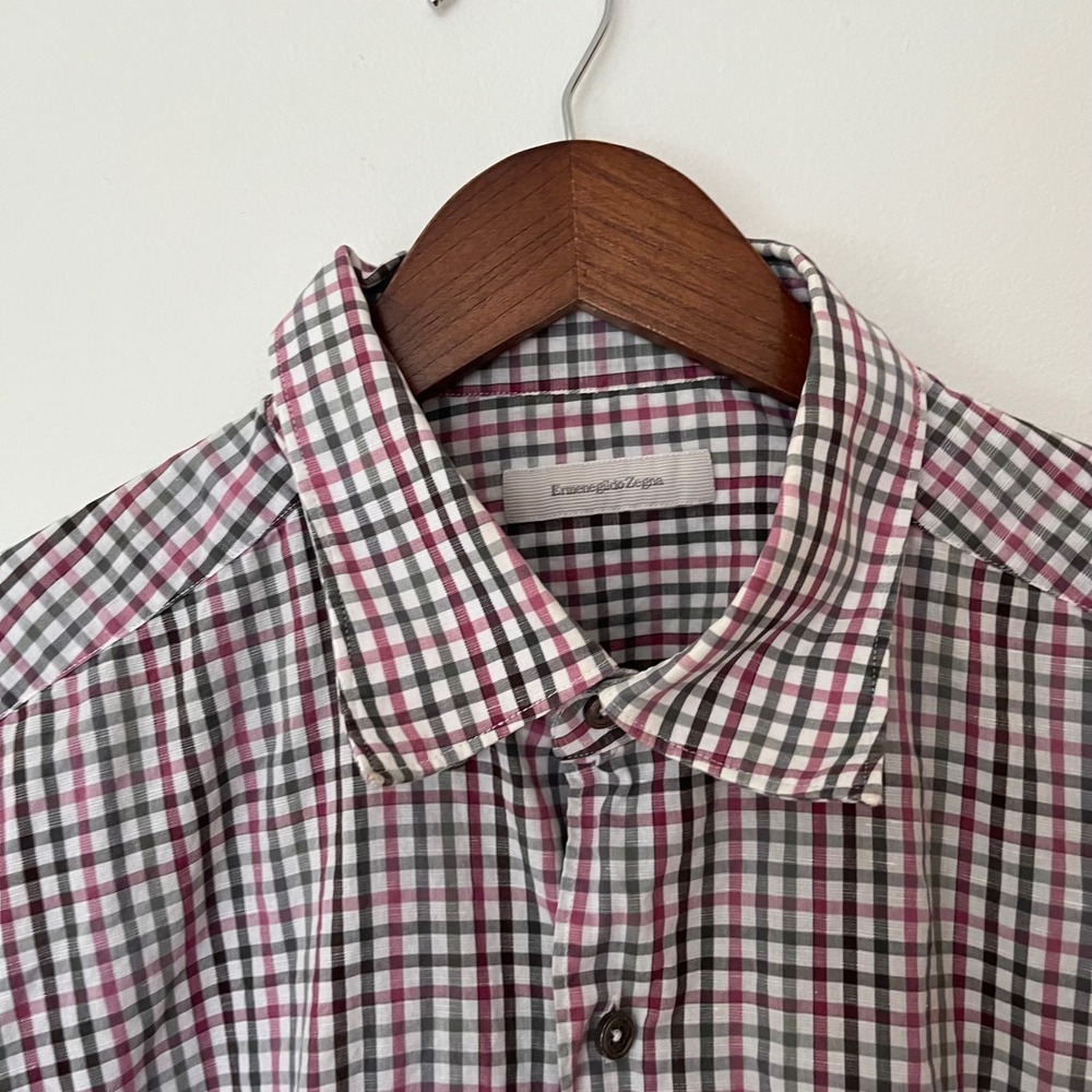 Ermenegildo Zegna Mens XL Red Black Check Club Collar Button Down Shirt Italy